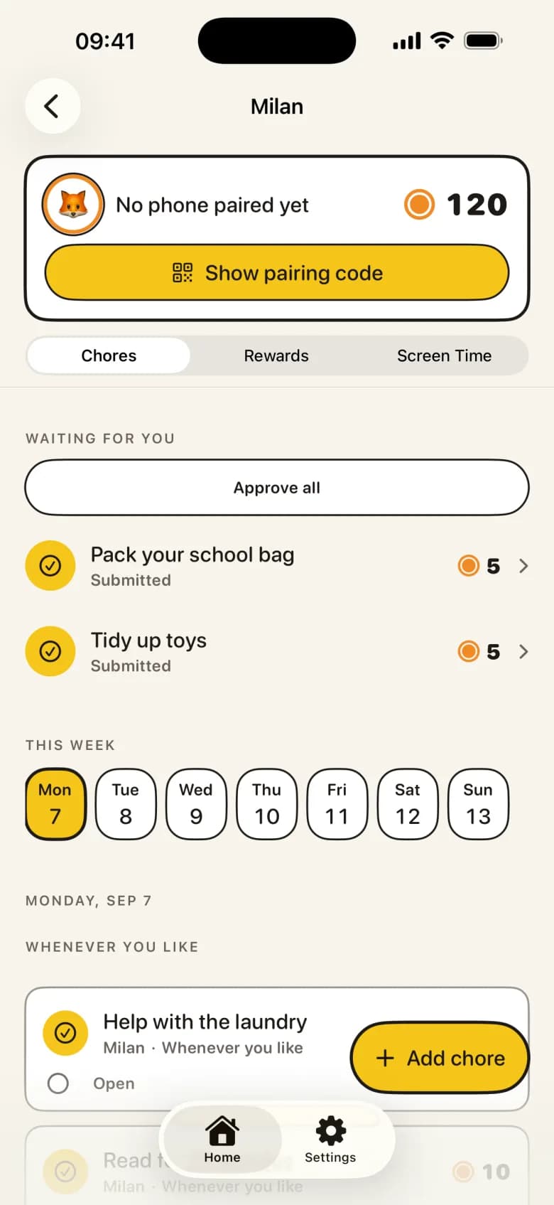 The KlusQuest parent screen with two submitted chores under 'Waiting for you' and an 'Approve all' button