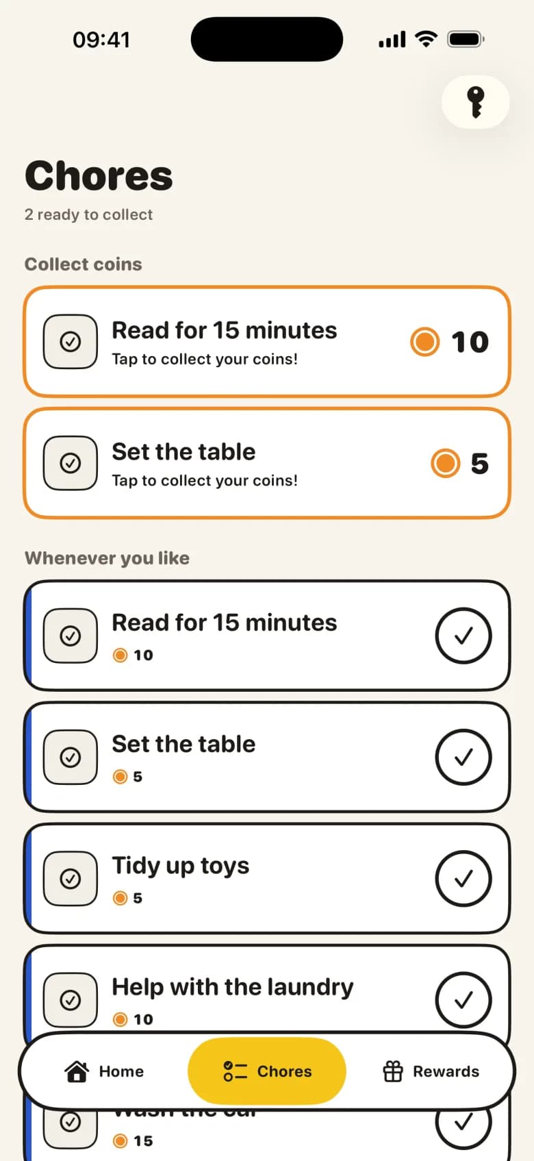 The mission board on a child's iPhone: 'Read for 15 minutes' and 'Set the table' ready to collect, with 'Tidy up toys' and 'Help with the laundry' below.