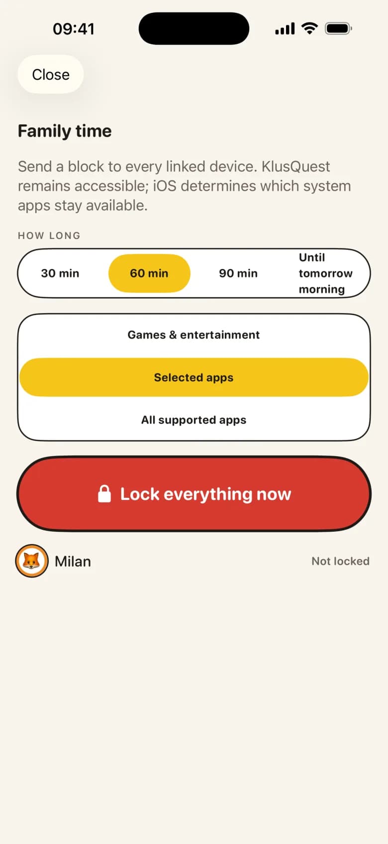 The 'Family time' screen with 30, 60 or 90 minutes or 'Until tomorrow morning', and a red 'Lock everything now' button.