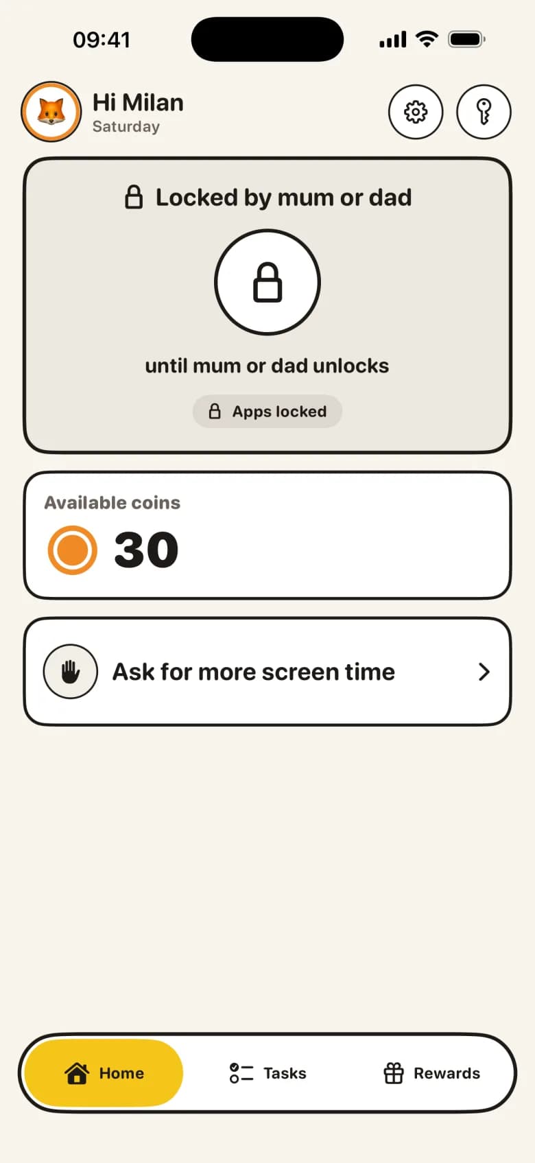 A child's home screen showing 'Locked by mum or dad', 'Apps locked', 30 available coins and an 'Ask for more screen time' button.