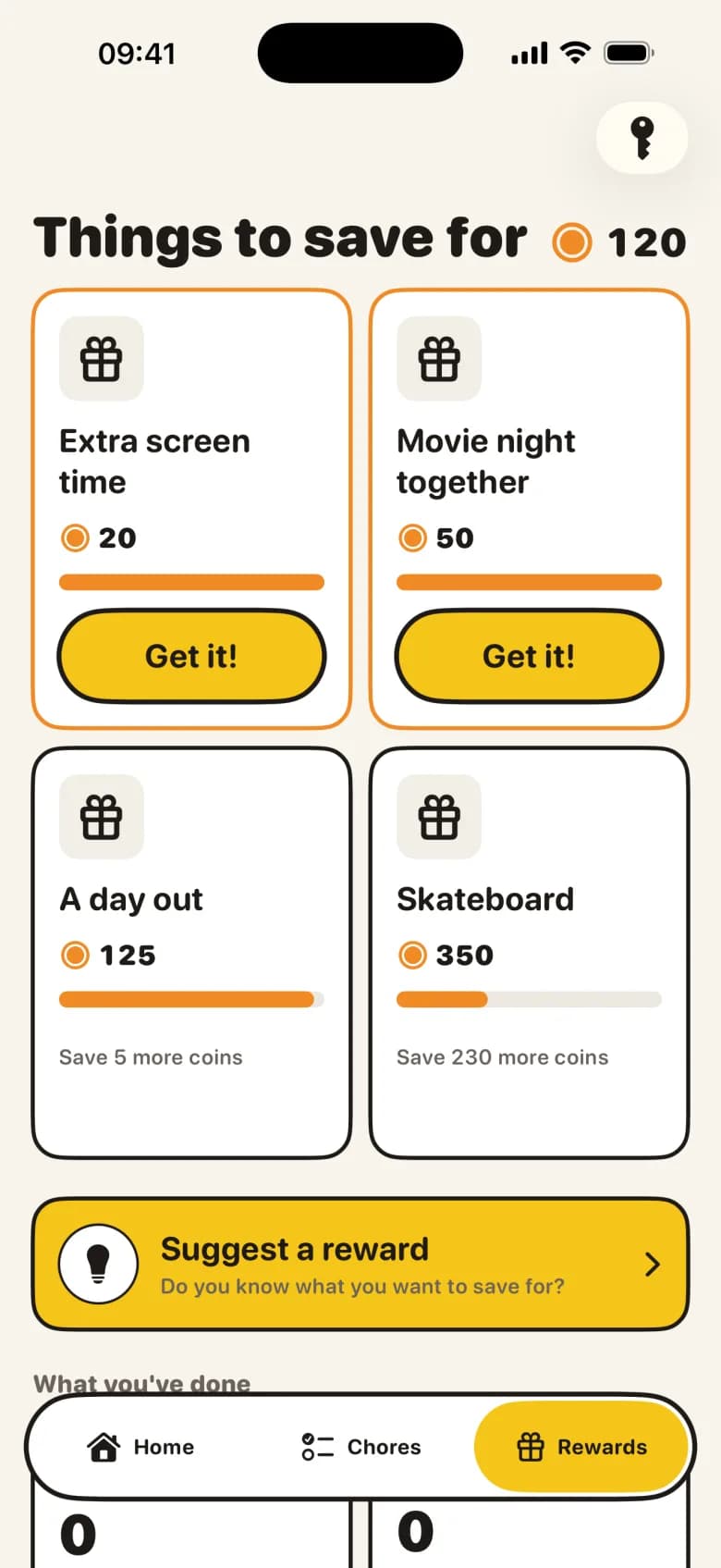 The rewards screen 'Things to save for' with 'Extra screen time', 'Movie night together', 'A day out' and 'Skateboard', each with the number of coins it takes.